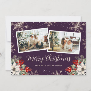 Purple Newlywed 2 Photo Botanical Christmas Holiday Card