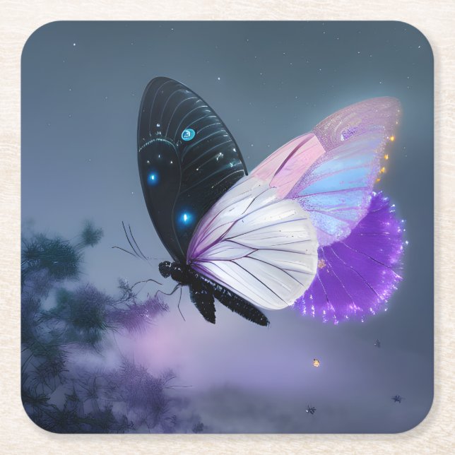 Purple Night Butterfly Square Paper Coaster (Front)