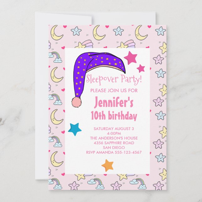 Purple Night Cap Sleepover Birthday Party Invitation (Front)