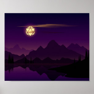 Purple Night D20 Dice Full Moon Tabletop RPG Poster