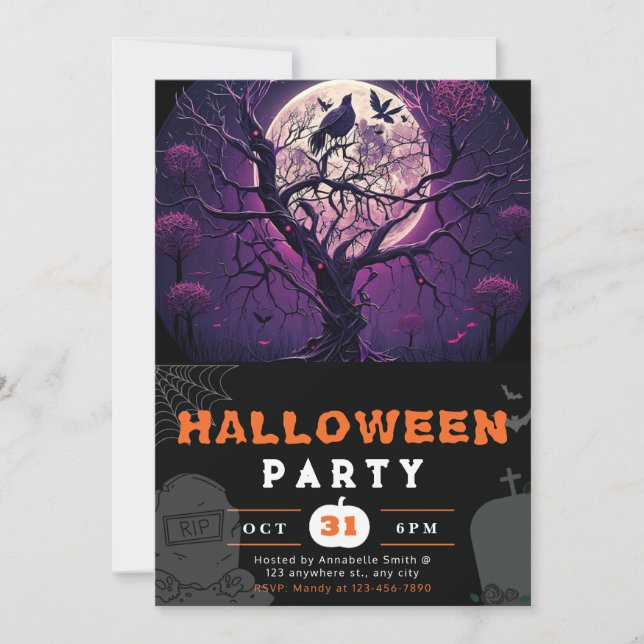 Purple Night Full Moon Black Bird Black Halloween Invitation (Front)