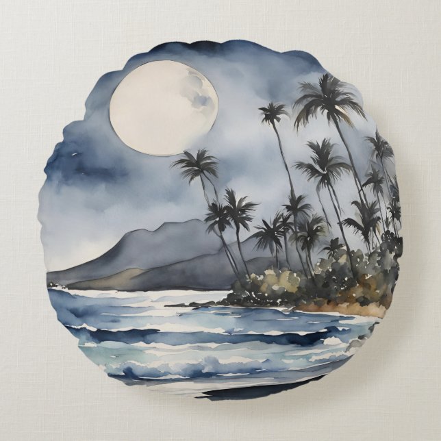 Purple Night Sky Moon Tropical Beach Palm Trees Round Cushion (Front)