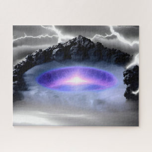 Purple nucleus surrounded by mountainous terrain jigsaw puzzle