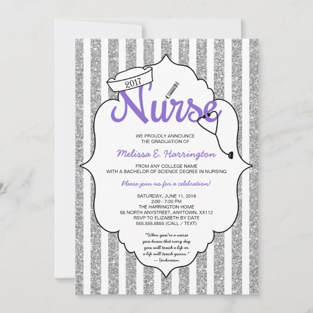 Purple Nurse graduation RN pinning ceremony Invitation (Front)