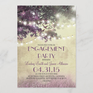 Purple oak tree lights love birds engagement party invitation