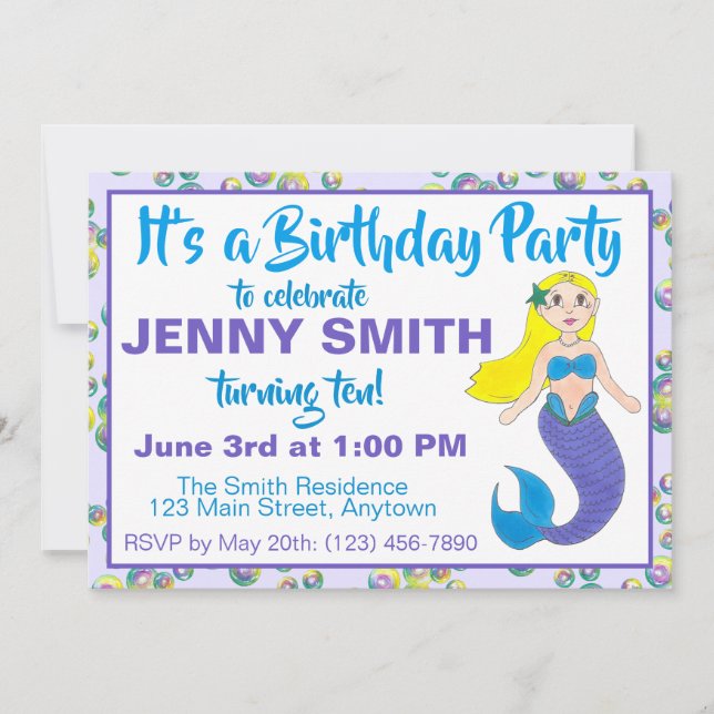 Purple Ocean Mermaid Bubbles Birthday Pool Party Invitation (Front)