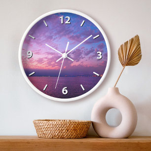 Purple ocean sunset clouds photo modern elegant clock