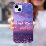 Purple Ocean Sunset Photo Confetti Name Script iPhone 15 Mini Case<br><div class="desc">Relax whenever you use this stunning, inspirational photo personalised name cell phone case of a gorgeous, softly lit purple, pink, and blue sunset over the Pacific Ocean, tipped with tiny, sparkly purple and gold, girly glam confetti dots. Makes a great gift for someone special! Just type in the name of...</div>