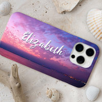 Purple Ocean Sunset Photo Stylish Script Name Chic