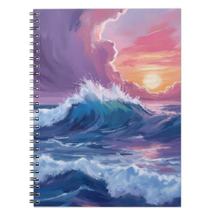Purple Ocean Waves Sunset Watercolor Painting Notebook