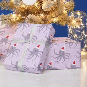Purple Octopus in Santa Hat Christmas Wrapping Paper