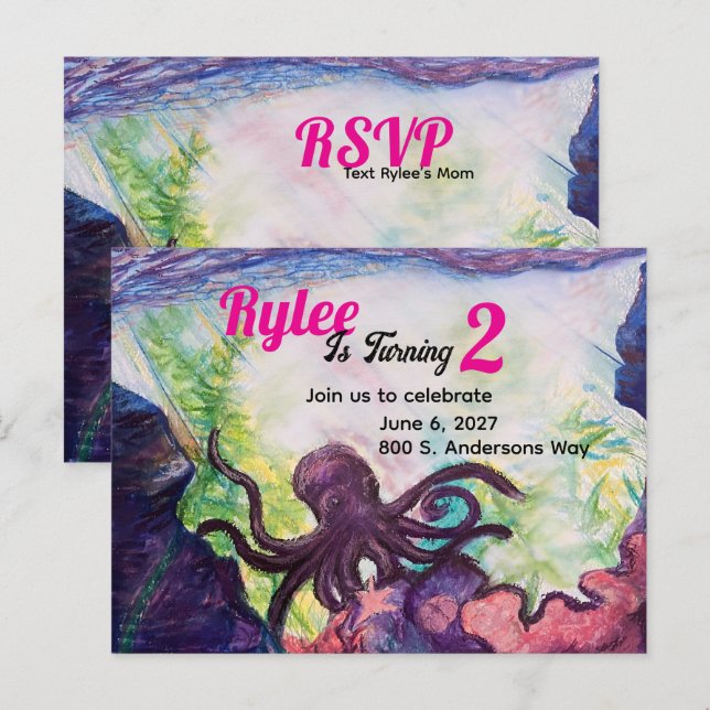 Purple Octopus Reef Illustrated Invitation Postcard (Front/Back)