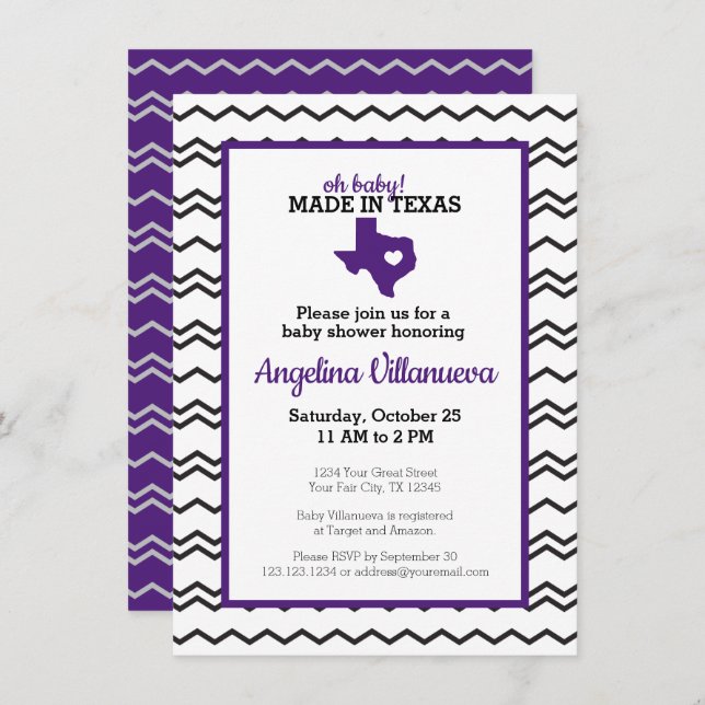 Purple Oh Baby! Chevron Made in Texas Shower Invitation (Front/Back)