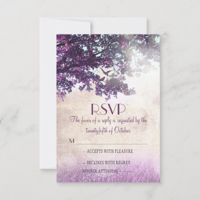Purple old oak tree wedding RSVP cards (Front)