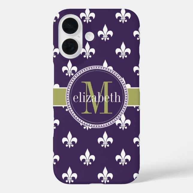 Purple Olive Green White Fleur de Lis Monogram Case-Mate iPhone Case (Back)