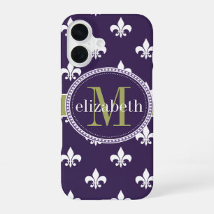 Purple Olive Green White Fleur de Lis Monogram iPhone 16 Case