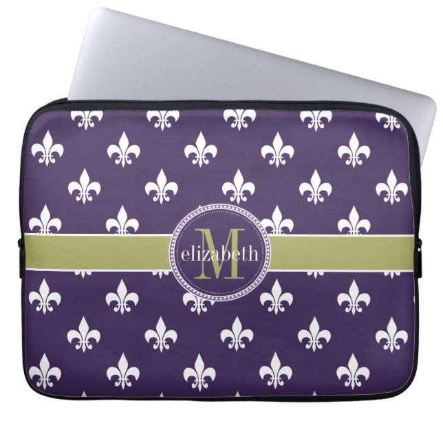 Purple Olive Green White Fleur de Lis Monogram Laptop Sleeve (Front)