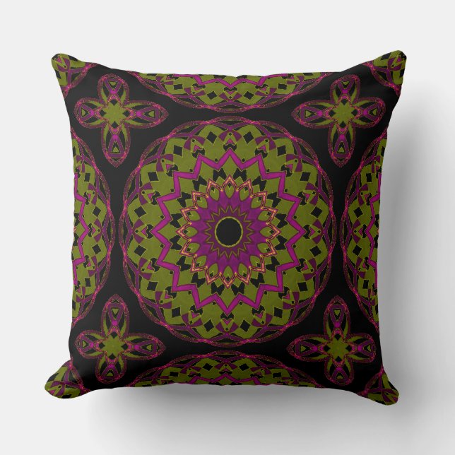 Purple-Olive on Black Kaleidoheart Cushion (Front)