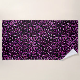 Purple Ombre & Black Glam Glitter Leopard Spots Beach Towel