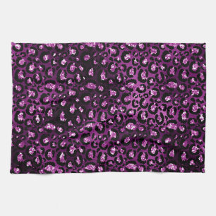 Purple Ombre & Black Glam Glitter Leopard Spots Tea Towel