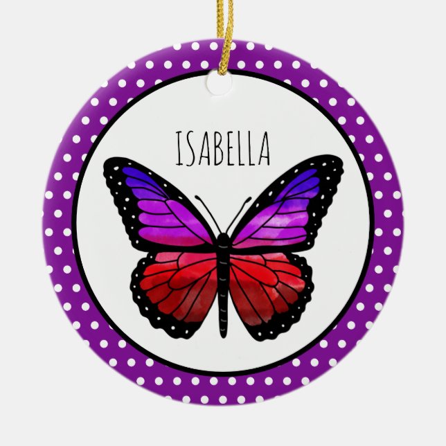 Purple Ombre Butterfly Polka Dot Personalised   Ceramic Ornament (Front)
