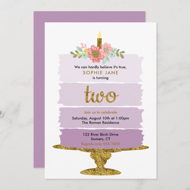 Purple Ombre Cake 2nd Birthday Glitter Two Invitation (Front/Back)