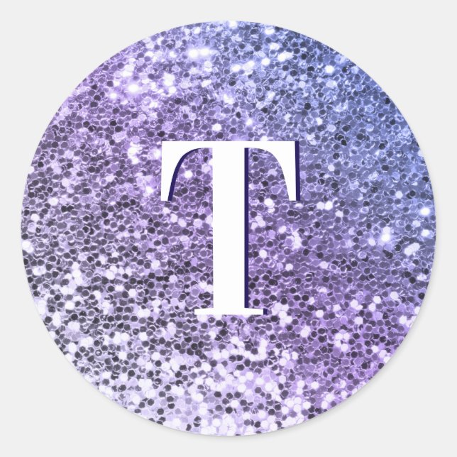 Purple Ombre Chunky Glitter Monogrammed Classic Round Sticker (Front)