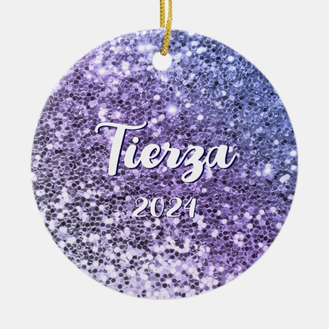 Purple Ombre Chunky Glitter Personalised Ceramic Ornament (Front)