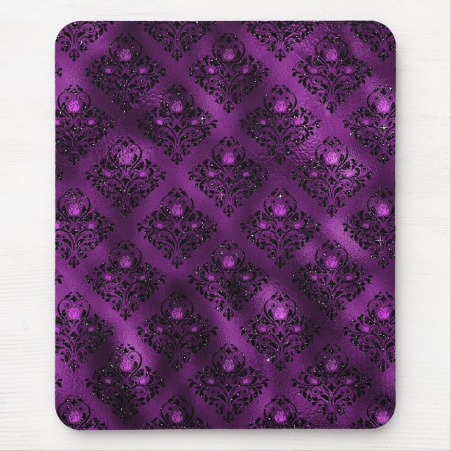 Purple Ombre Glam Glitter Damask Pattern Mouse Pad (Front)