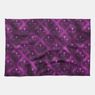Purple Ombre Glam Glitter Damask Pattern Tea Towel