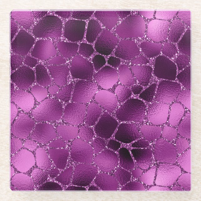 Purple Ombre Glam Glitter Giraffe Spots Pattern Glass Coaster (Front)
