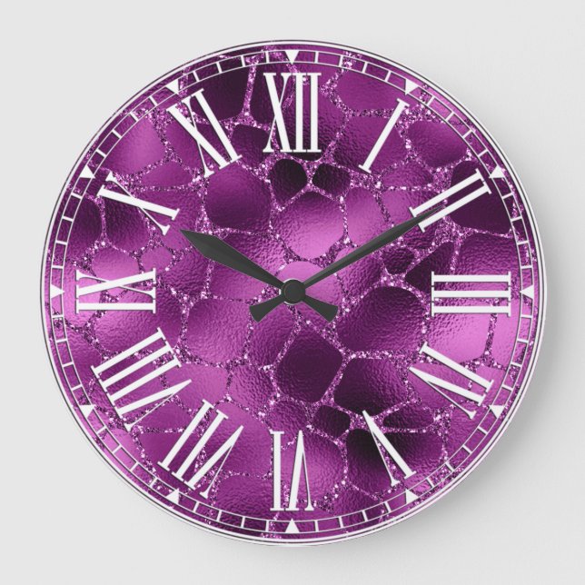 Purple Ombre Glam Glitter Giraffe Spots Pattern Large Clock (Front)