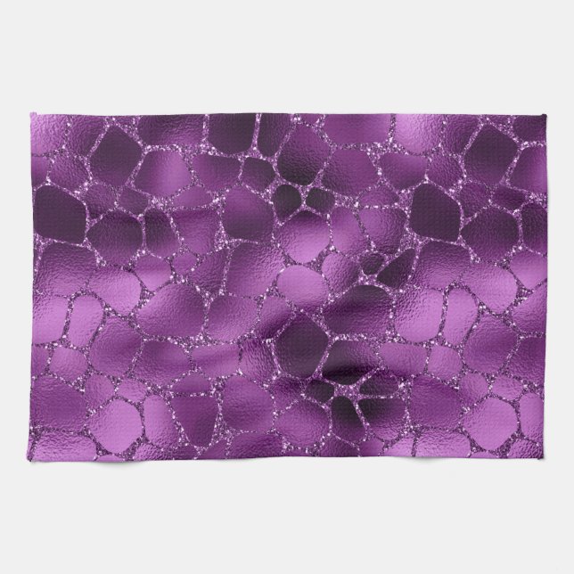Purple Ombre Glam Glitter Giraffe Spots Pattern Tea Towel (Horizontal)