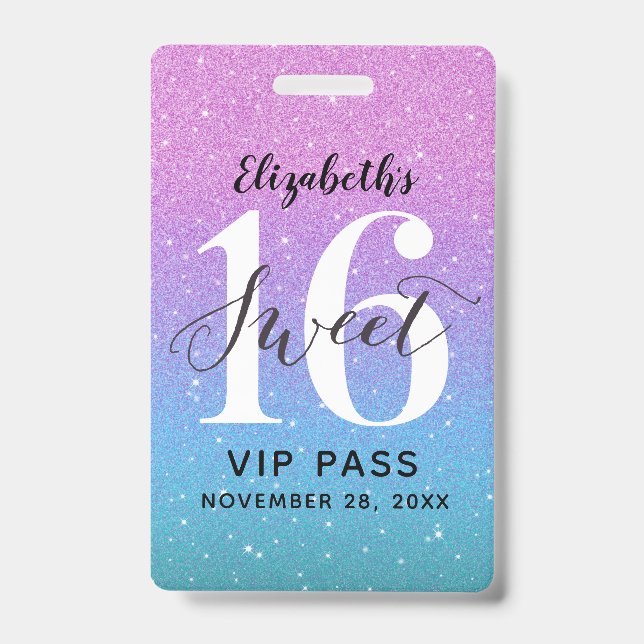 Purple Ombre Glitter sweet 16 Birthday VIP  ID Badge (Front)
