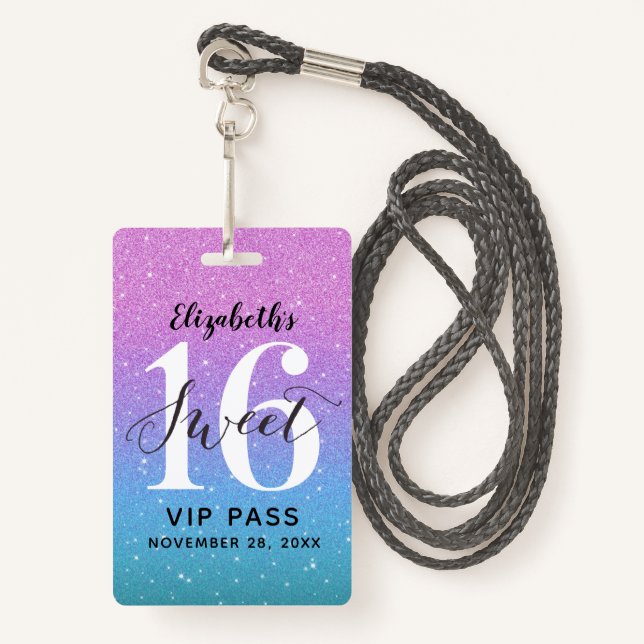 Purple Ombre Glitter sweet 16 Birthday VIP  ID Badge (Front with Lanyard)