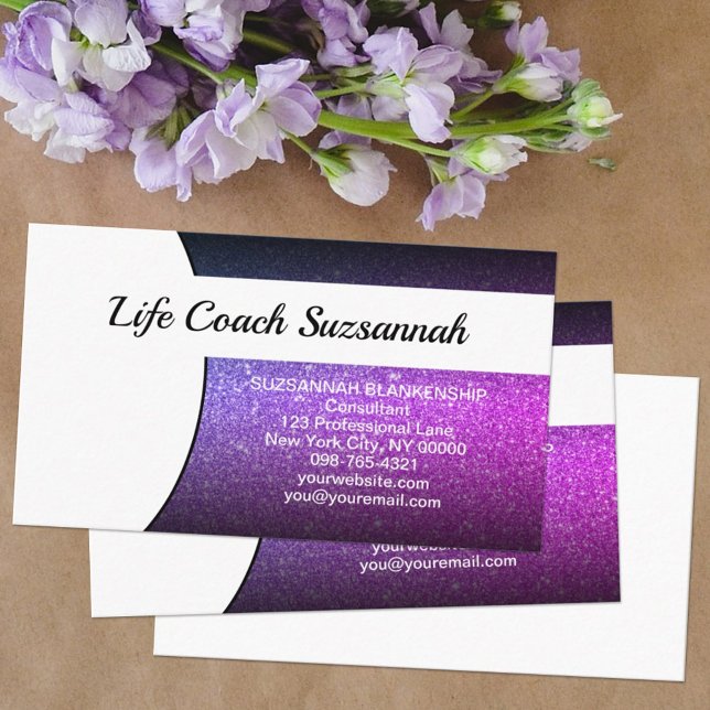 Purple Ombre Glitter Template Professional  Business Card (All the information on one side leaves room for handwritten notes on the back of this business card.)
