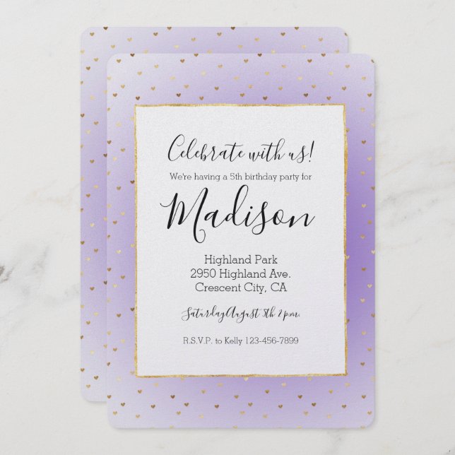 Purple Ombre Gold Hearts Invitation (Front/Back)