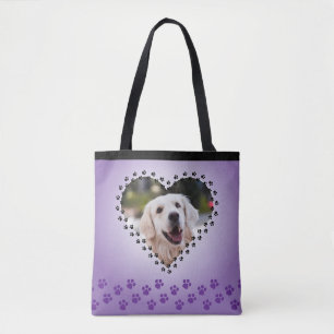 Purple Ombre Heart Paw Prints Custom Dog Mum Tote Bag