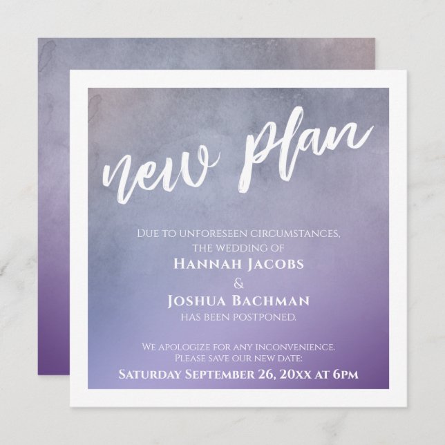 Purple Ombre New Plan Postponed Wedding Card (Front/Back)