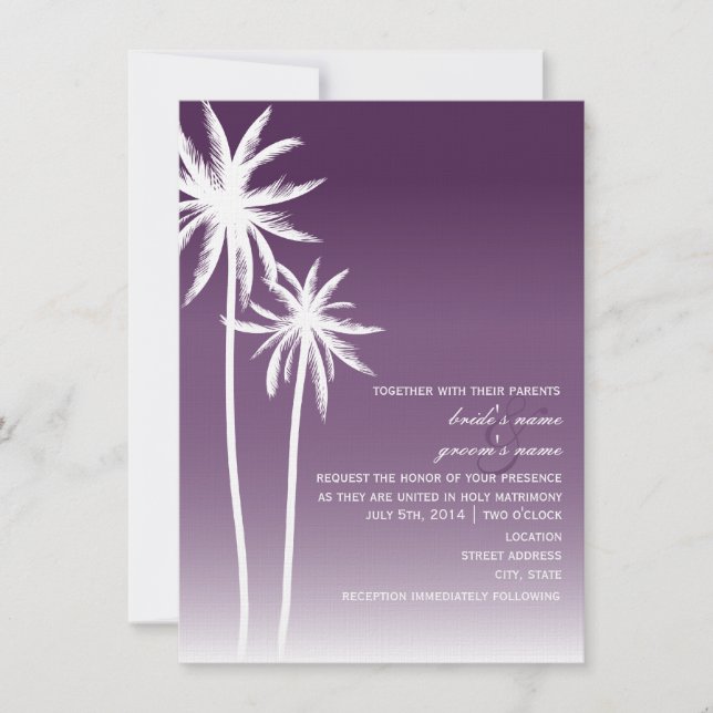 Purple Ombré Palm Trees Beach Wedding Invitation (Front)
