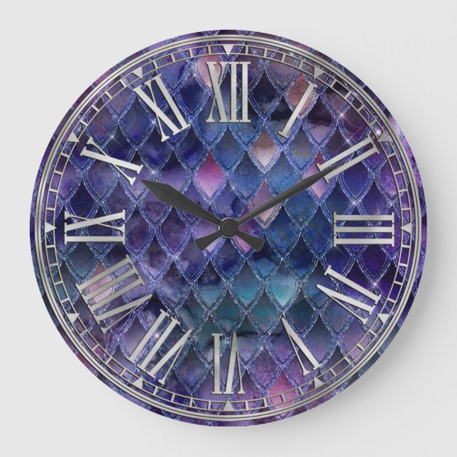 Purple Ombre & Silver Sparkles Dragon Scales Large Clock (Front)