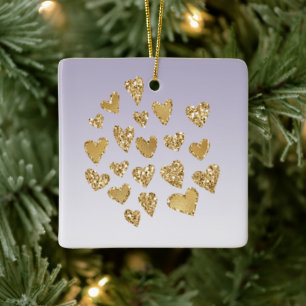 Purple Ombre Sparkle Gold Glitter Hearts Ceramic Ornament
