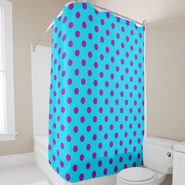 Purple On Blue Polka Dots Pattern Design Shower Curtain (Creator Uploaded)