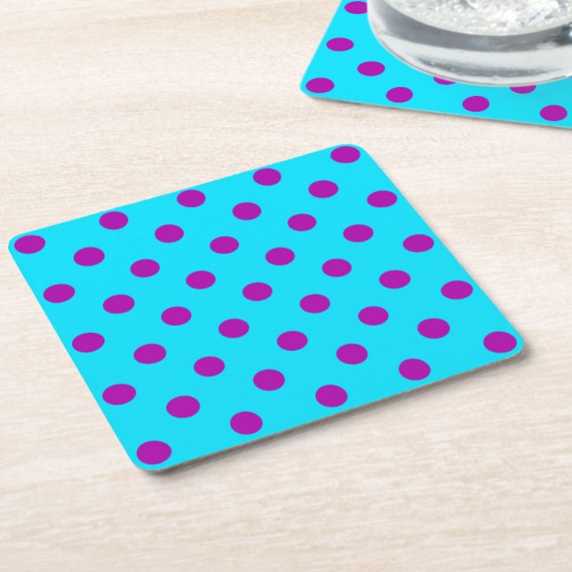 Purple On Blue Polka Dots Pattern Design Square Paper Coaster (Creator Uploaded)