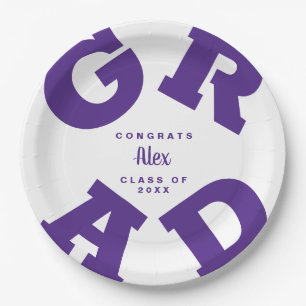 Purple on White Bold Graduation Paper Plate