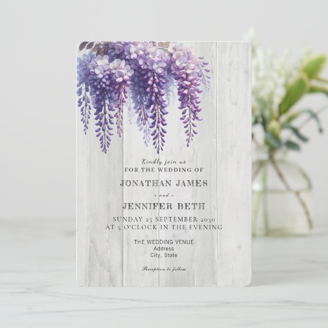 Purple on Wood Wisteria Floral Wedding Invitation (Standing Front)