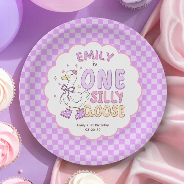 Purple One Silly Goose - Retro Girl First Birthday Paper Plate (Purple One Silly Goose Birthday Paper Plates. Girl First Birthday Party Paper Plates.)