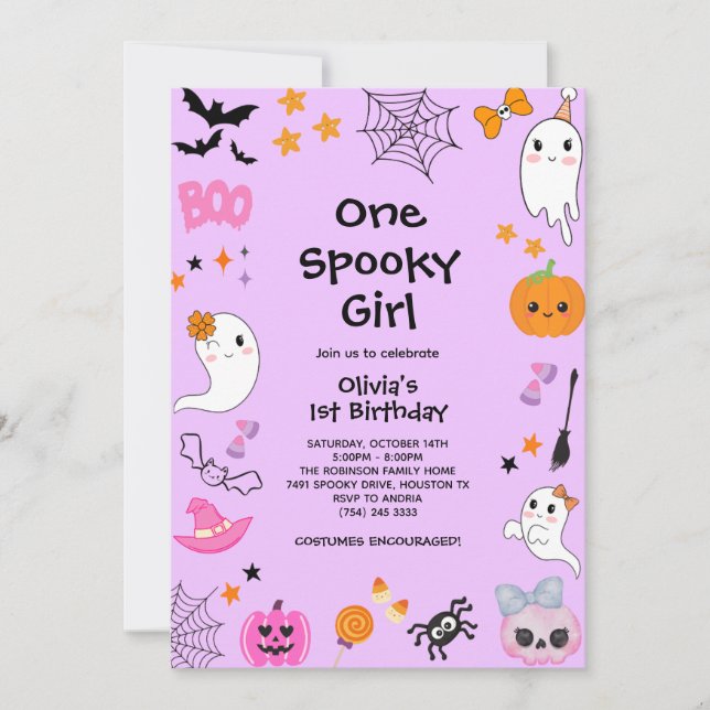 Purple One Spooky Girl Cute Halloween 1st Birthday Invitation (Front)