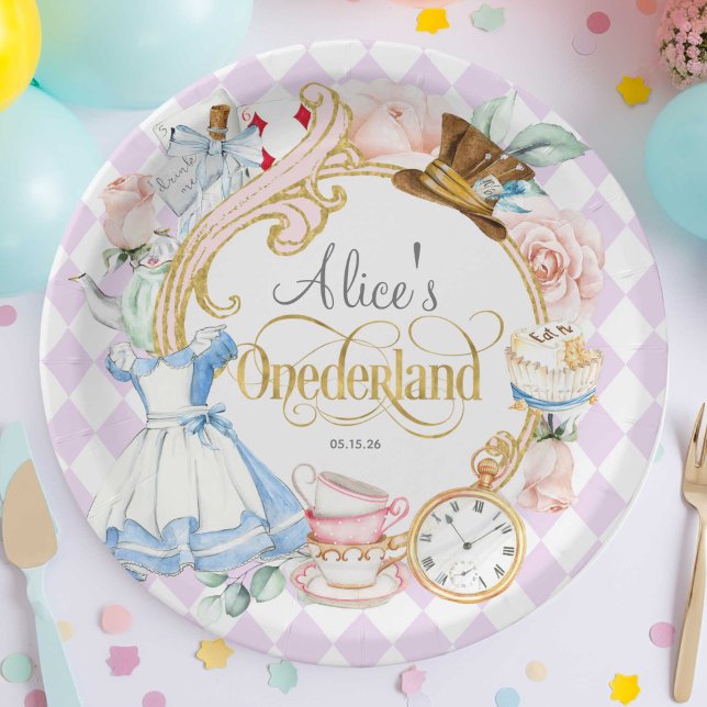 Purple, Onederland, Tea party, Girl 1st birthday Paper Plate (Purple, Alice Onederland, girl 1st birthday, Mad hatter tea party birthday paper plate.)