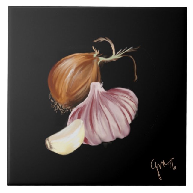 Purple onion and garlic ceramic tile (Front)